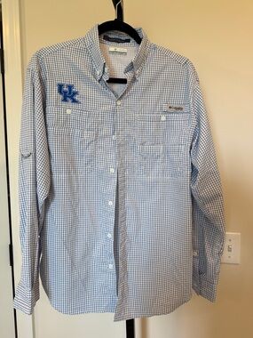 Columbia Men's Light Blue & White Check Button-Down Shirt with UK Logo